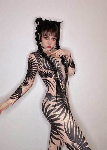 Sultry Halloween Glam - Sexy Black & White Stretch Jumpsuit for Spooktacular Nightclub, Bar, and Costume Dance Party Wear Sultry Halloween Glam - Sexy Black & White Stretch Jumpsuit for Spooktacular Nightclub, Bar, and Costume Dance Party Wear