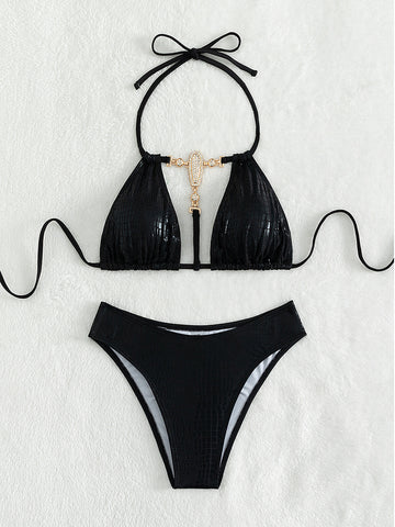 Halter Elegance - Black Lace-Up Swim Set, Sizzling Style for Women Halter Elegance - Black Lace-Up Swim Set, Sizzling Style for Women