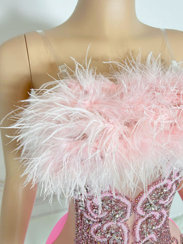 Rose Radiance - Custom Rhinestone Appliqué Birthday Dress with Ostrich Feather Glam Rose Radiance - Custom Rhinestone Appliqué Birthday Dress with Ostrich Feather Glam