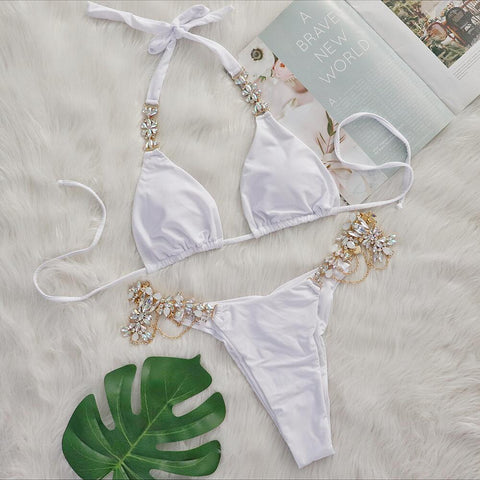 Dazzling Shore - High-Quality Crystal White Rhinestone Thong Bikini Set Dazzling Shore - High-Quality Crystal White Rhinestone Thong Bikini Set