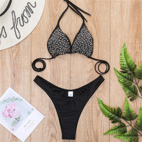 Diamond Swimsuit with Shiny Strappy Bandage Accents Diamond Swimsuit with Shiny Strappy Bandage Accents