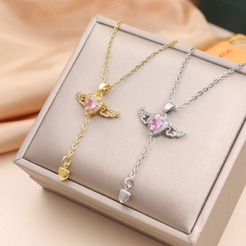 Moving Cupid Heart Angel Wings Tassel Necklace With Crystal Clavicle Chain Women Jewelry Gift Valentine's Day Moving Cupid Heart Angel Wings Tassel Necklace With Crystal Clavicle Chain Women Jewelry Gift Valentine's Day