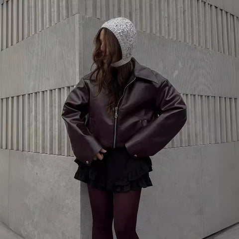 Solid Color Lapel Zipper Jacket Fashion Casual Long Sleeve Leather Coat Tops Women Clothing Solid Color Lapel Zipper Jacket Fashion Casual Long Sleeve Leather Coat Tops Women Clothing