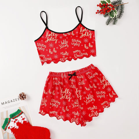 Christmas European And American Thin Pajamas Women's Sleeveless Shorts Milk Silk Simple Casual Two-piece Suit Homewear Christmas European And American Thin Pajamas Women's Sleeveless Shorts Milk Silk Simple Casual Two-piece Suit Homewear