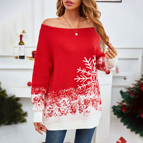 Little Snowflake Christmas Sweater Casual Off-the-shoulder Sweater Women Little Snowflake Christmas Sweater Casual Off-the-shoulder Sweater Women