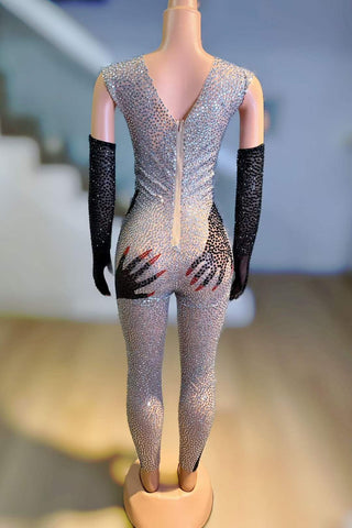 Halloween Extravaganza - Shiny Stone Black Hands Printed Jumpsuit with Gloves - Sexy Singer Stage Costume and Party Outfit Halloween Extravaganza - Shiny Stone Black Hands Printed Jumpsuit with Gloves - Sexy Singer Stage Costume and Party Outfit