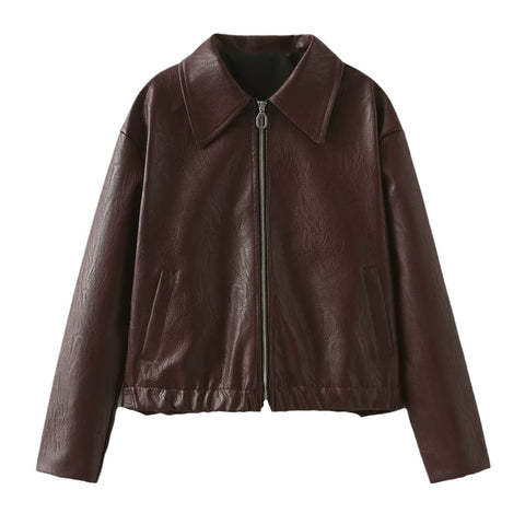 Solid Color Lapel Zipper Jacket Fashion Casual Long Sleeve Leather Coat Tops Women Clothing Solid Color Lapel Zipper Jacket Fashion Casual Long Sleeve Leather Coat Tops Women Clothing