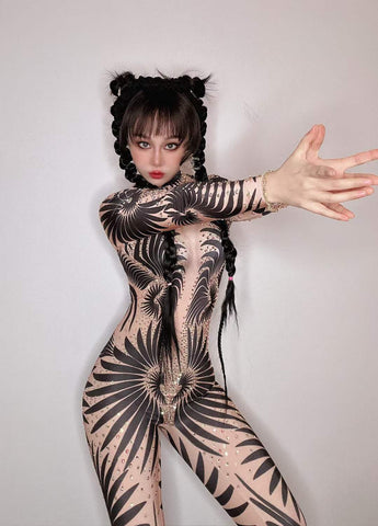 Sultry Halloween Glam - Sexy Black & White Stretch Jumpsuit for Spooktacular Nightclub, Bar, and Costume Dance Party Wear Sultry Halloween Glam - Sexy Black & White Stretch Jumpsuit for Spooktacular Nightclub, Bar, and Costume Dance Party Wear