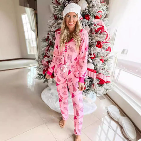 Christmas Pajamas Suit Christmas Tree Printed Long Sleeve Button Two-piece Set Christmas Pajamas Suit Christmas Tree Printed Long Sleeve Button Two-piece Set