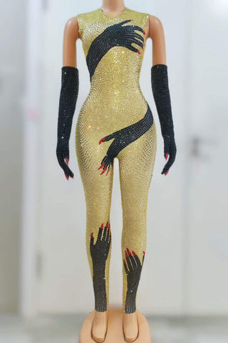 Halloween Extravaganza - Shiny Stone Black Hands Printed Jumpsuit with Gloves - Sexy Singer Stage Costume and Party Outfit Halloween Extravaganza - Shiny Stone Black Hands Printed Jumpsuit with Gloves - Sexy Singer Stage Costume and Party Outfit