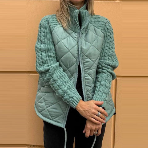 Stand Collar Cotton Jacket With Pockets Fashion Knitted Stitching Zipper Coat Winter Warm Tops For Women Stand Collar Cotton Jacket With Pockets Fashion Knitted Stitching Zipper Coat Winter Warm Tops For Women