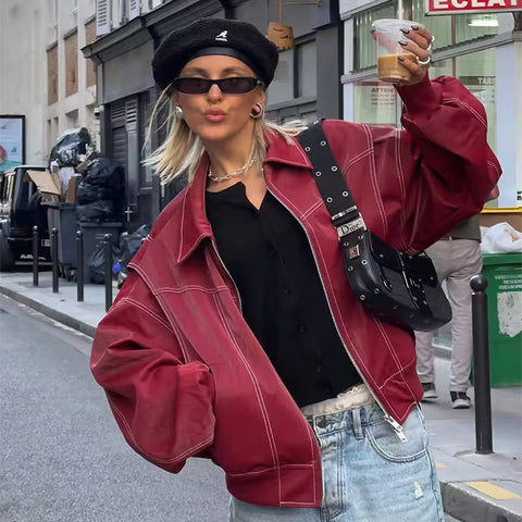 Loose Fashion Lapel Zip-up Jacket Cool Long Sleeve Zipper Closure Moto Biker Leather Jacket Womens Clothing Loose Fashion Lapel Zip-up Jacket Cool Long Sleeve Zipper Closure Moto Biker Leather Jacket Womens Clothing