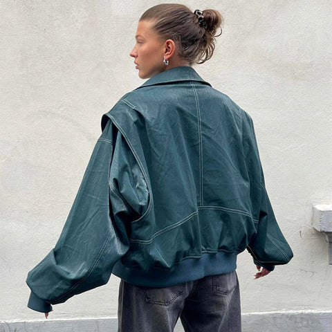 Loose Fashion Lapel Zip-up Jacket Cool Long Sleeve Zipper Closure Moto Biker Leather Jacket Womens Clothing Loose Fashion Lapel Zip-up Jacket Cool Long Sleeve Zipper Closure Moto Biker Leather Jacket Womens Clothing