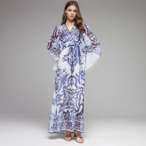 Blue & White Porcelain Floral Maxi Dress - Elegant Long Sleeve Summer/Autumn Dress Blue & White Porcelain Floral Maxi Dress - Elegant Long Sleeve Summer/Autumn Dress