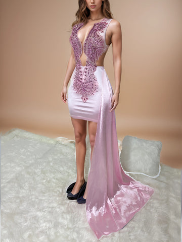 Dazzling Elegance - Sequins Rhinestones Nude Sleeveless Blue Fashion Show Stunner Dazzling Elegance - Sequins Rhinestones Nude Sleeveless Blue Fashion Show Stunner