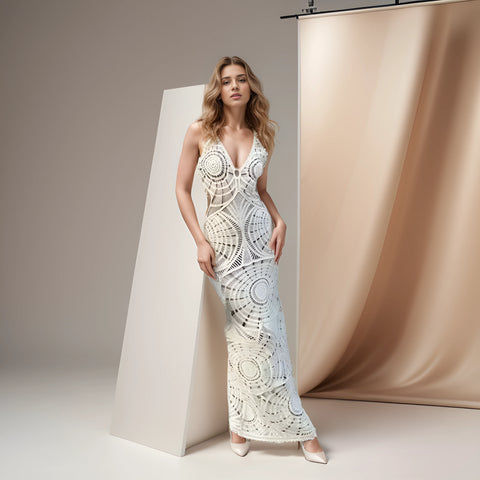 Elegant V-Neck Sleeveless Knitted Maxi Dress - Solid, Hollow Out Crochet for Women's Party, Beach, and Vacation Elegant V-Neck Sleeveless Knitted Maxi Dress - Solid, Hollow Out Crochet for Women's Party, Beach, and Vacation
