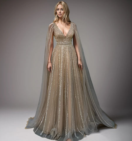 Evening Gown - Beaded V-Neck and Champagne Glamour Evening Gown - Beaded V-Neck and Champagne Glamour