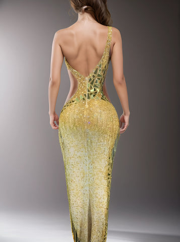 Golden Sequins & Rhinestones Mesh Long Dress - Sexy Performance & Party Outfit Golden Sequins & Rhinestones Mesh Long Dress - Sexy Performance & Party Outfit