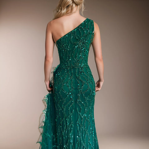 Green Tulle Beaded Evening Gown - One-Shoulder Mermaid Style Green Tulle Beaded Evening Gown - One-Shoulder Mermaid Style