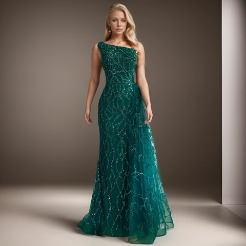 Green Tulle Beaded Evening Gown - One-Shoulder Mermaid Style Green Tulle Beaded Evening Gown - One-Shoulder Mermaid Style