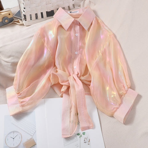 Shining Sparkle Button-Up Chiffon Blouse: 2023 Summer/Autumn Style Shining Sparkle Button-Up Chiffon Blouse: 2023 Summer/Autumn Style