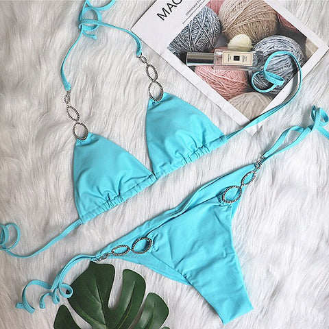 Dazzling Crystal Diamond Halter Bikini - Women's Two-Piece Swimwear Dazzling Crystal Diamond Halter Bikini - Women's Two-Piece Swimwear