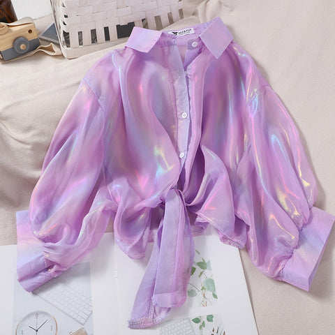 Shining Sparkle Button-Up Chiffon Blouse: 2023 Summer/Autumn Style Shining Sparkle Button-Up Chiffon Blouse: 2023 Summer/Autumn Style
