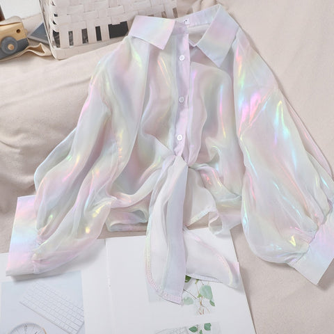 Shining Sparkle Button-Up Chiffon Blouse: 2023 Summer/Autumn Style Shining Sparkle Button-Up Chiffon Blouse: 2023 Summer/Autumn Style