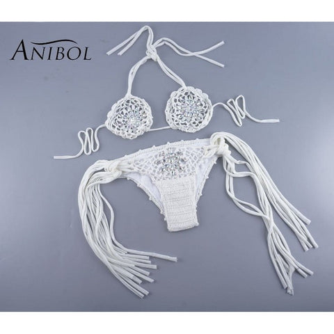 Luxury Crystal Diamond Crochet Bikini - Sexy Hollow Out Micro Triangle Swimsuit with Rhinestone Split Luxury Crystal Diamond Crochet Bikini - Sexy Hollow Out Micro Triangle Swimsuit with Rhinestone Split