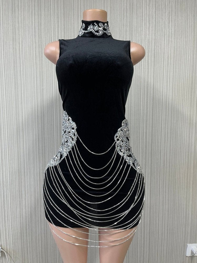 Black Velvet Rhinestone Chain Dress - Ideal for Evening Parties, Stage Performances, and Entertainers