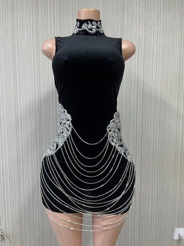 Black Velvet Rhinestone Chain Dress - Ideal for Evening Parties, Stage Performances, and Entertainers Black Velvet Rhinestone Chain Dress - Ideal for Evening Parties, Stage Performances, and Entertainers