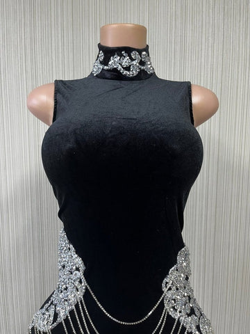 Black Velvet Rhinestone Chain Dress - Ideal for Evening Parties, Stage Performances, and Entertainers Black Velvet Rhinestone Chain Dress - Ideal for Evening Parties, Stage Performances, and Entertainers