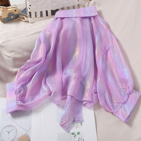 Shining Sparkle Button-Up Chiffon Blouse: 2023 Summer/Autumn Style Shining Sparkle Button-Up Chiffon Blouse: 2023 Summer/Autumn Style