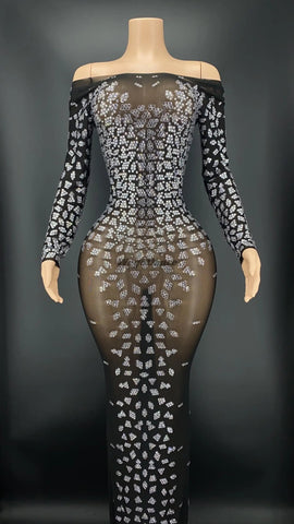 Silver Rhinestone Net Dress - Sexy Singer Costume Silver Rhinestone Net Dress - Sexy Singer Costume
