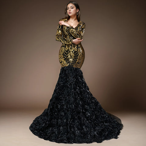 Luxury Black V-Neck Mermaid Evening Gown with 3D Lace, Sequins, and Long Sleeves for Women - Perfect for Special Occasions Luxury Black V-Neck Mermaid Evening Gown with 3D Lace, Sequins, and Long Sleeves for Women - Perfect for Special Occasions