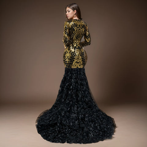 Luxury Black V-Neck Mermaid Evening Gown with 3D Lace, Sequins, and Long Sleeves for Women - Perfect for Special Occasions Luxury Black V-Neck Mermaid Evening Gown with 3D Lace, Sequins, and Long Sleeves for Women - Perfect for Special Occasions