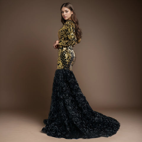 Luxury Black V-Neck Mermaid Evening Gown with 3D Lace, Sequins, and Long Sleeves for Women - Perfect for Special Occasions Luxury Black V-Neck Mermaid Evening Gown with 3D Lace, Sequins, and Long Sleeves for Women - Perfect for Special Occasions