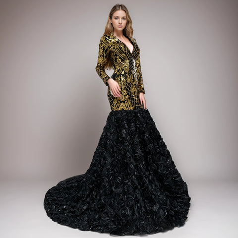 Luxury Black V-Neck Mermaid Evening Gown with 3D Lace, Sequins, and Long Sleeves for Women - Perfect for Special Occasions Luxury Black V-Neck Mermaid Evening Gown with 3D Lace, Sequins, and Long Sleeves for Women - Perfect for Special Occasions