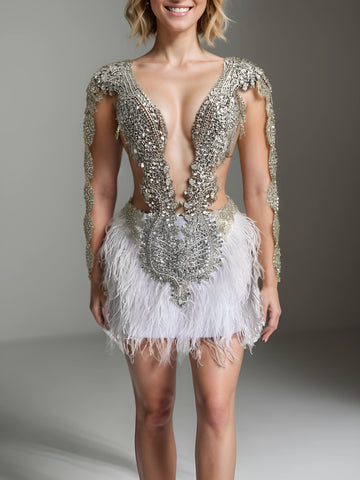 Luxury Sparkly Crystals White Feather Short Prom Dress Luxury Sparkly Crystals White Feather Short Prom Dress