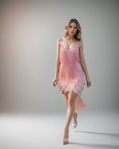 Gold Sequin Tassel Feather Mini Dress - Elegant Evening Party Wear Gold Sequin Tassel Feather Mini Dress - Elegant Evening Party Wear
