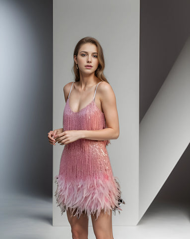 Gold Sequin Tassel Feather Mini Dress - Elegant Evening Party Wear Gold Sequin Tassel Feather Mini Dress - Elegant Evening Party Wear