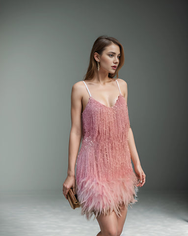 Gold Sequin Tassel Feather Mini Dress - Elegant Evening Party Wear Gold Sequin Tassel Feather Mini Dress - Elegant Evening Party Wear