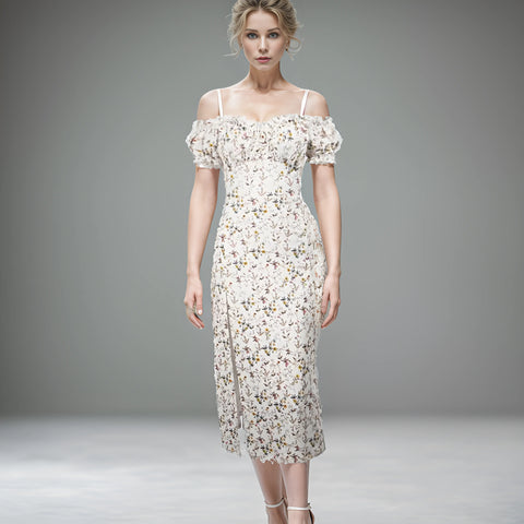Summer Floral Off-Shoulder Puff Sleeve Maxi Dress - Sexy Lace-Up Side Split Mid-Calf Chic Summer Floral Off-Shoulder Puff Sleeve Maxi Dress - Sexy Lace-Up Side Split Mid-Calf Chic