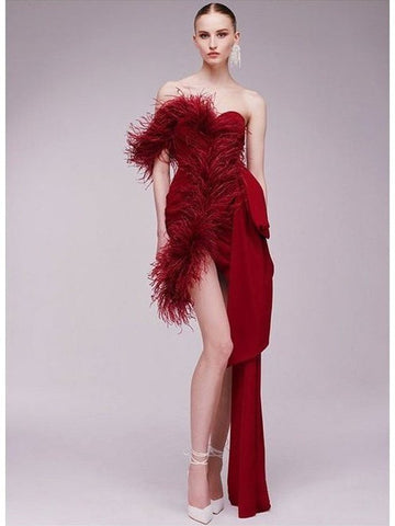 Red One-Shoulder Feather Mini Dress - Luxury Evening Glamour for Women Red One-Shoulder Feather Mini Dress - Luxury Evening Glamour for Women