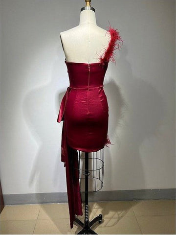 Red One-Shoulder Feather Mini Dress - Luxury Evening Glamour for Women Red One-Shoulder Feather Mini Dress - Luxury Evening Glamour for Women
