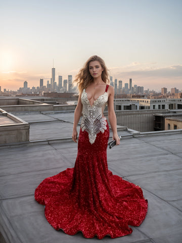 Red Prom Dress - Sparkling Silver Diamond Crystals, Mermaid Style Red Prom Dress - Sparkling Silver Diamond Crystals, Mermaid Style