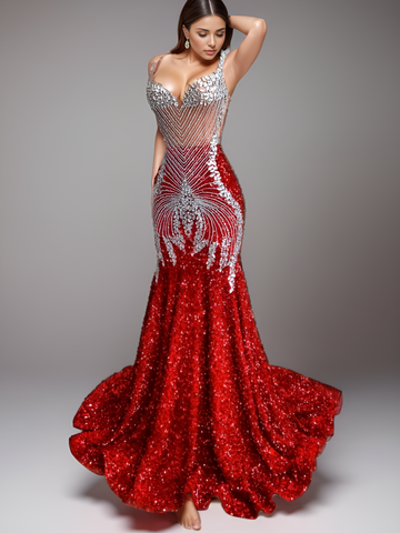 Red Prom Dress - Sparkling Silver Diamond Crystals, Mermaid Style Red Prom Dress - Sparkling Silver Diamond Crystals, Mermaid Style