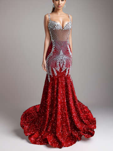 Red Prom Dress - Sparkling Silver Diamond Crystals, Mermaid Style Red Prom Dress - Sparkling Silver Diamond Crystals, Mermaid Style