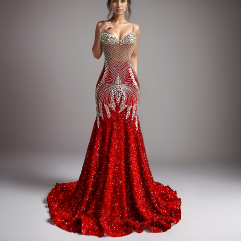 Red Prom Dress - Sparkling Silver Diamond Crystals, Mermaid Style Red Prom Dress - Sparkling Silver Diamond Crystals, Mermaid Style