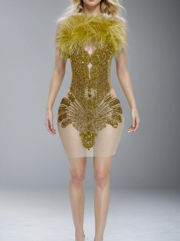 Rose Radiance - Custom Rhinestone Appliqué Birthday Dress with Ostrich Feather Glam Rose Radiance - Custom Rhinestone Appliqué Birthday Dress with Ostrich Feather Glam